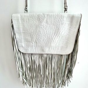 White Leather Fringe Clutch or Crossbody Bag